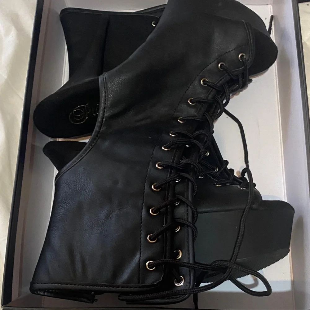 Pleaser Black Lace-Up Platform Heels - Picture 3 of 4